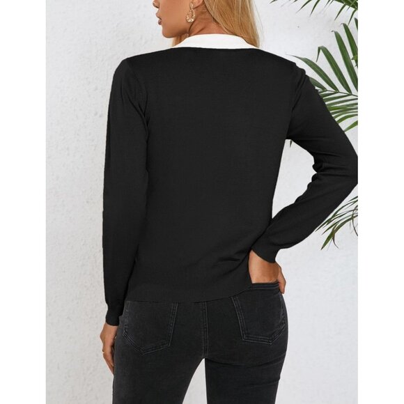 Women Long Sleeve Polo Sweater V Neck Knitted Tops Casual Ribbed Pullover - Picture 5 of 7